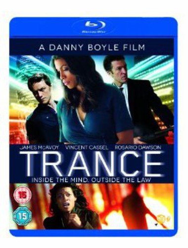 Trance" Blu-ray cover featuring James McAvoy, Rosario Dawson, and Vincent Cassel.