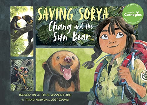 Book cover featuring a girl, a sun bear, and jungle scenes.