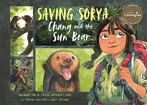 Book cover illustration showing a young girl with a backpack and a sun bear.