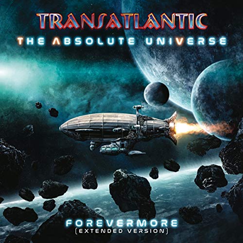 Album cover: airship flying through space with planets and asteroids.