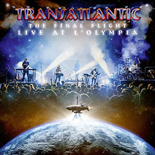 Transatlantic band performing on stage with a crowd, Earth, and airship.