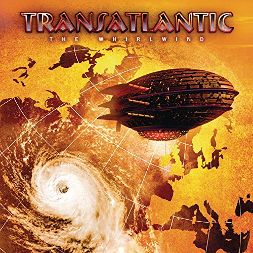 Album cover: airship over world map with a swirling hurricane.