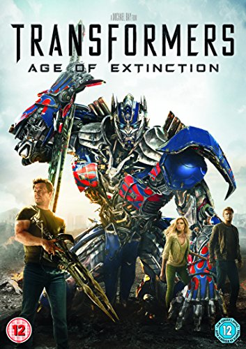DVD cover for "Transformers: Age of Extinction" featuring robots and people.