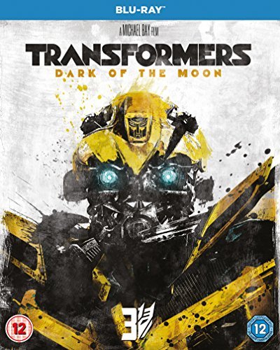 Transformers: Dark of the Moon" Blu-ray cover featuring Bumblebee in battle.