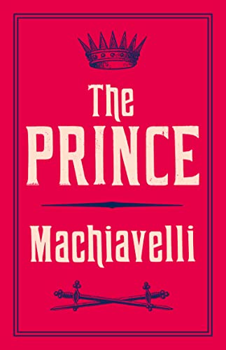 Book cover of The Prince by Machiavelli with a crown and crossed swords illustration.