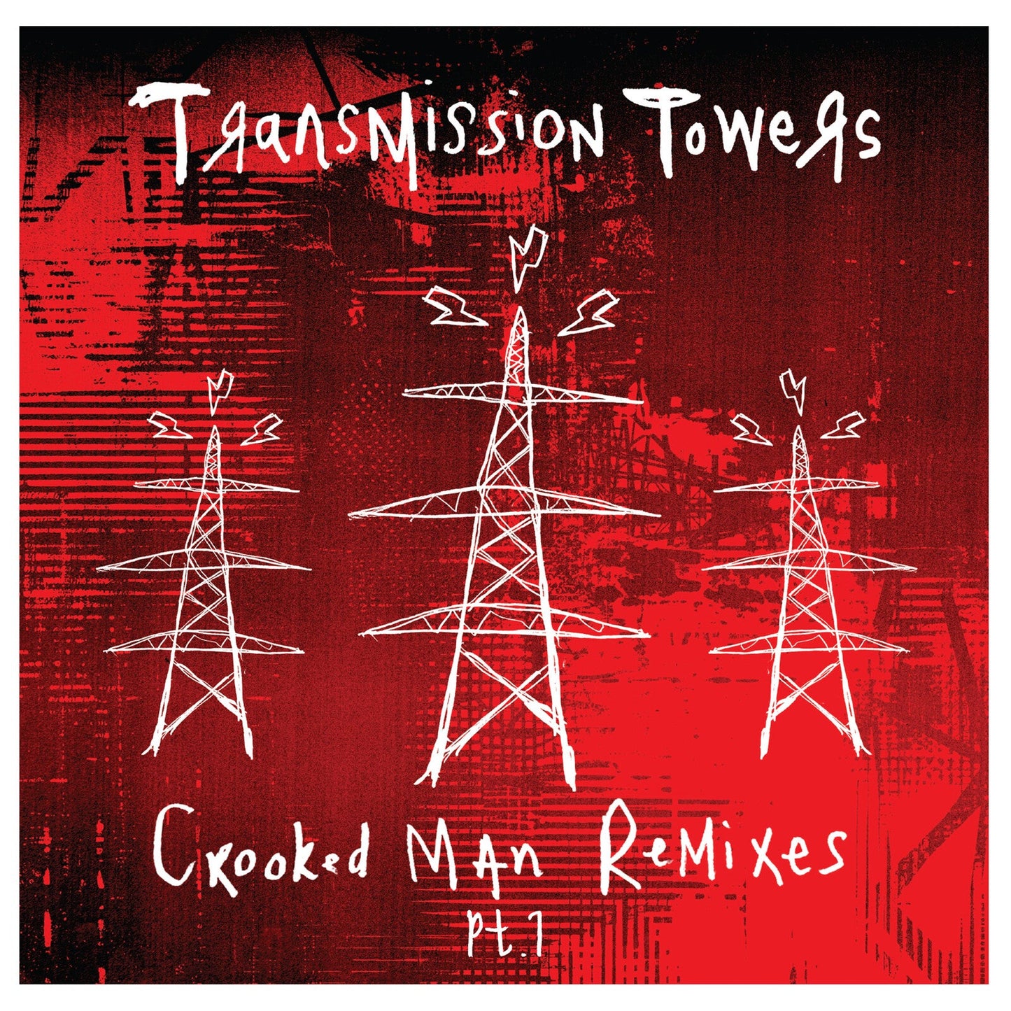 Red album cover with white line-drawn transmission towers and lightning bolts.