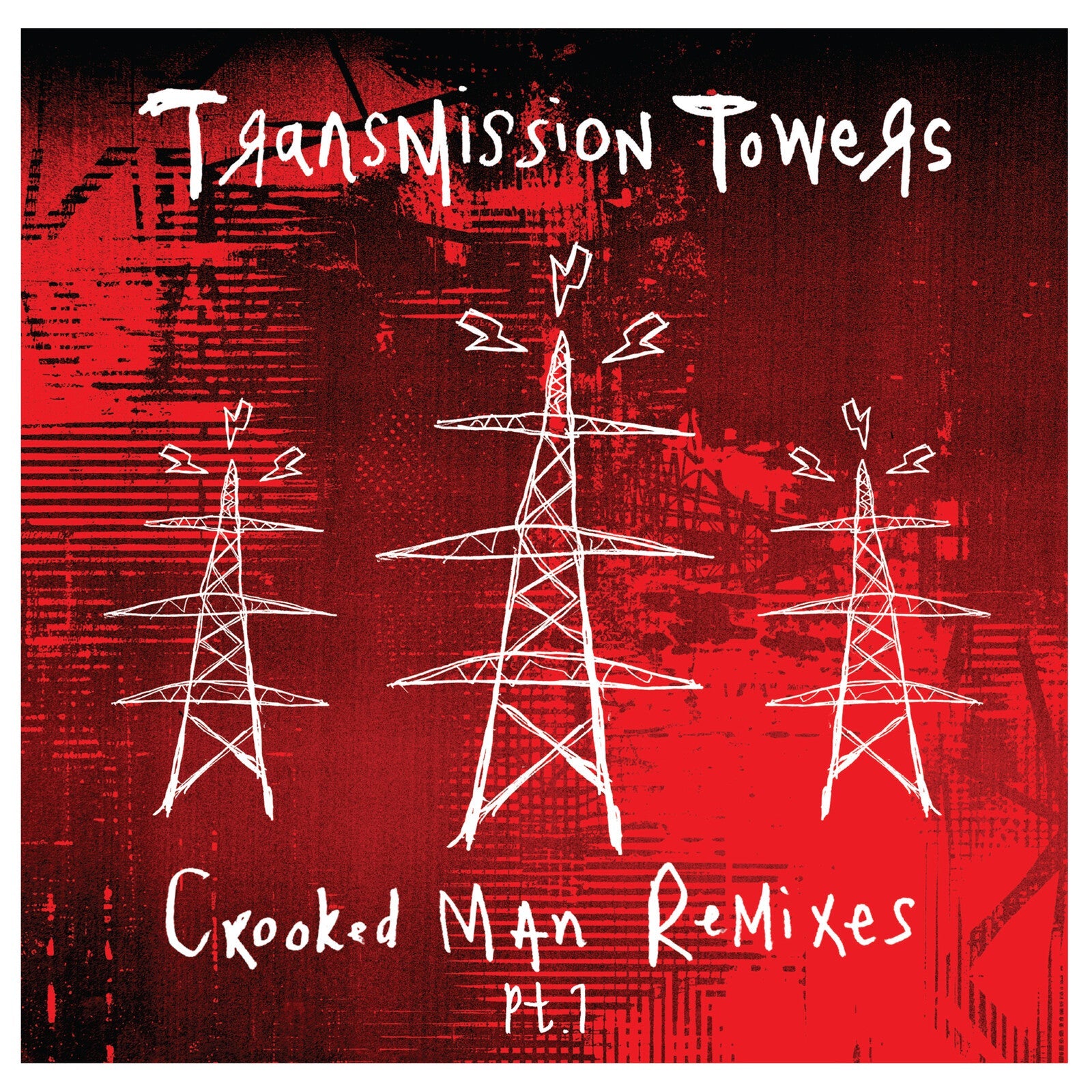 Red album cover with white line-drawn transmission towers and lightning bolts.