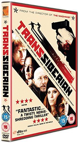 DVD case for the film *Transsiberian*, featuring snowy landscapes and a train.