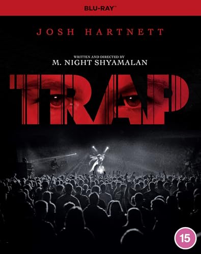 Blu-ray cover for Trap featuring a concert crowd and large red letters over eyes.