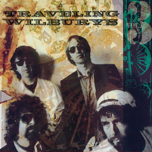 Traveling Wilburys album cover featuring portraits of musicians with sunglasses.