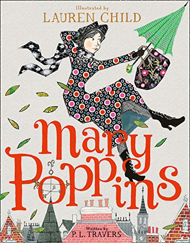 Illustrated cover of “Mary Poppins” with a flying nanny and cityscape.
