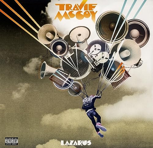 Album cover for Travie McCoy’s “Lazarus” featuring a figure suspended by speakers.