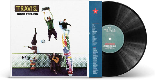 "Album cover featuring four men in playful poses with colorful lyrics on a fence."