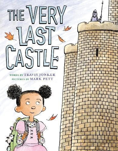 Book cover: castle illustration with a girl looking up, autumn leaves.