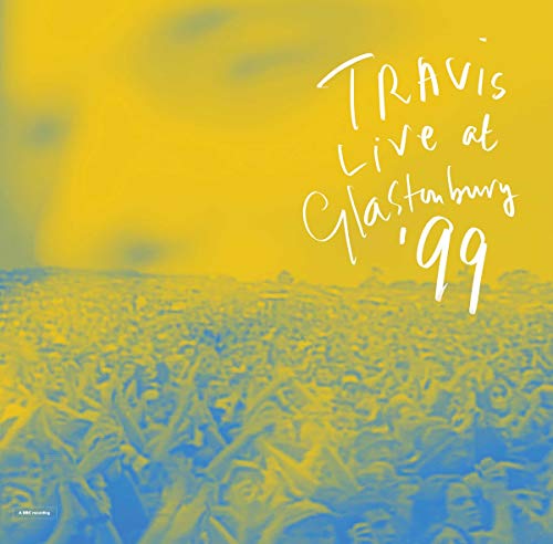 Yellow and blue tinted photo of a crowd with white handwritten album text.