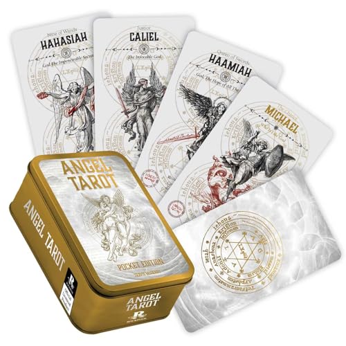 Angel Tarot Pocket Edition deck with a gold tin and illustrated angel oracle cards.