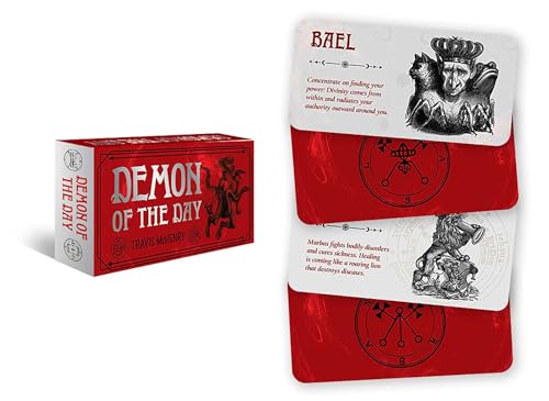 Red card deck, "Demon of the Day," featuring illustrated demons and symbols.