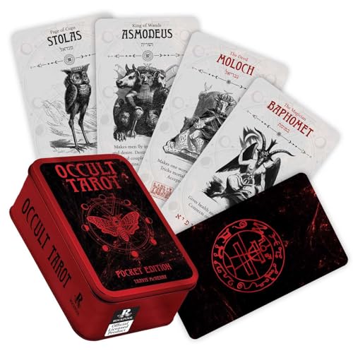 Occult Tarot Pocket Edition tin with four illustrated tarot cards featuring demonic figures.