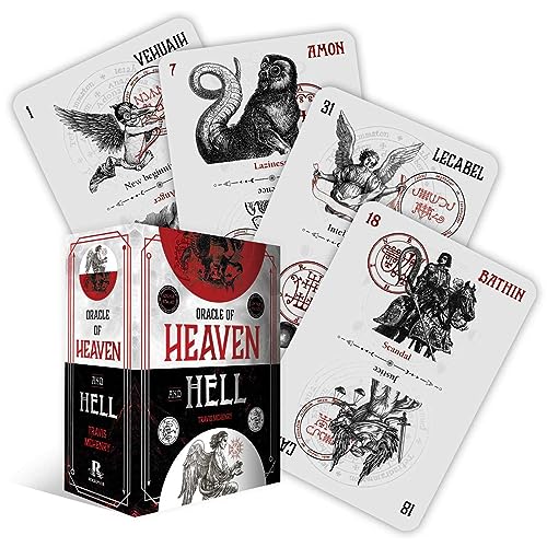 Oracle card deck with angel and demon illustrations, red box visible.