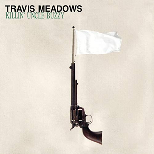 "Album cover with a black revolver and white flag on a beige background."