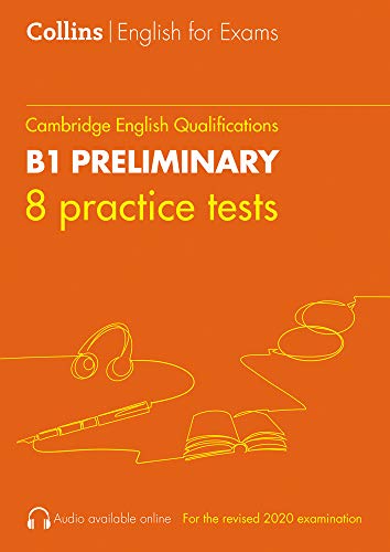 Orange book cover titled B1 Preliminary 8 practice tests with line art illustrations.