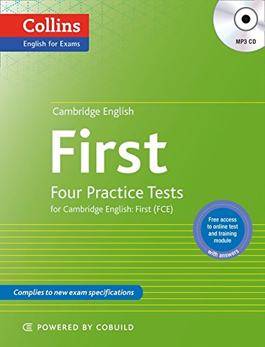 Green cover of "First" practice tests with CD, for Cambridge English: FCE.