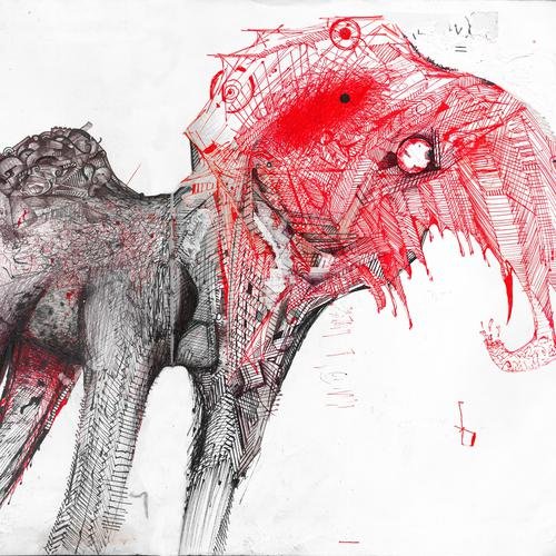 Intricate, abstract sketch of a mechanical creature with red accents.