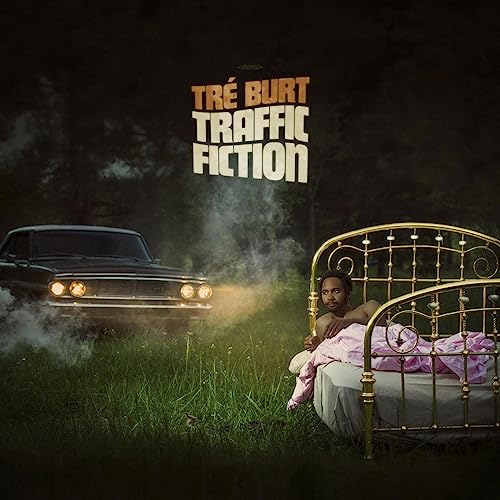 Album cover: man in bed, car in field, smoky background.