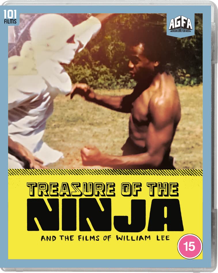 Blu-ray cover for "Treasure of the Ninja" featuring a muscular man in white.