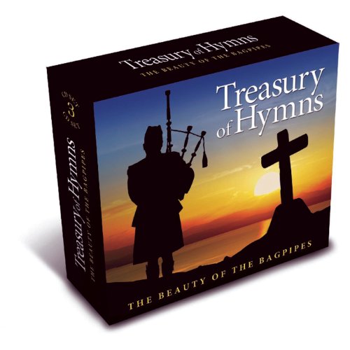 CD case for "Treasury of Hymns" featuring bagpipes and a cross.
