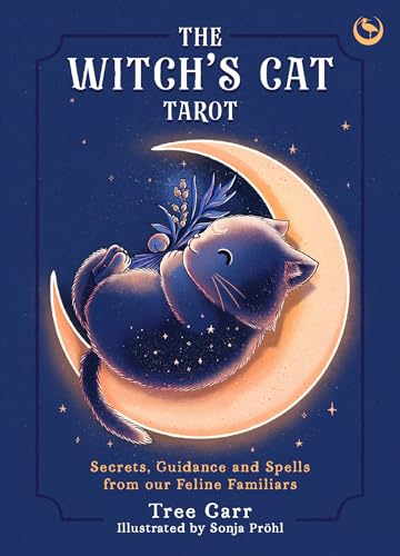 A dark blue book cover featuring a black cat sleeping on a crescent moon.