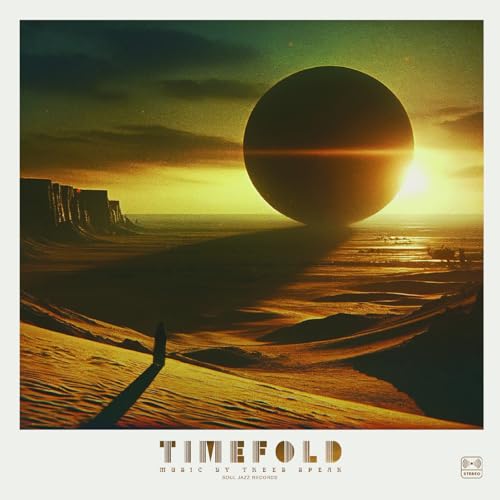 Surreal landscape with sand dunes, a dark celestial sphere, and a distant sunset.