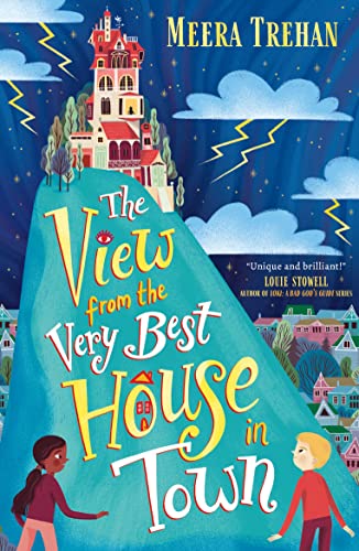 Book cover featuring a large house on a hill, lightning, and two children below.