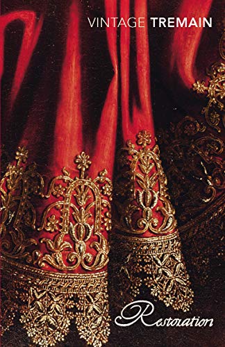 Close-up of red fabric with intricate gold embroidery and the book title Restoration.