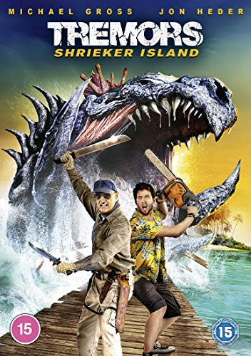 Tremors Shrieker Island" DVD cover featuring a giant Graboid and two men with chainsaws.