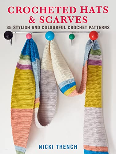 Book cover displaying colourful crocheted hats and scarves hanging on hooks.