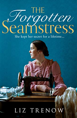Book cover: woman at a vintage sewing machine, titled "The Forgotten Seamstress".