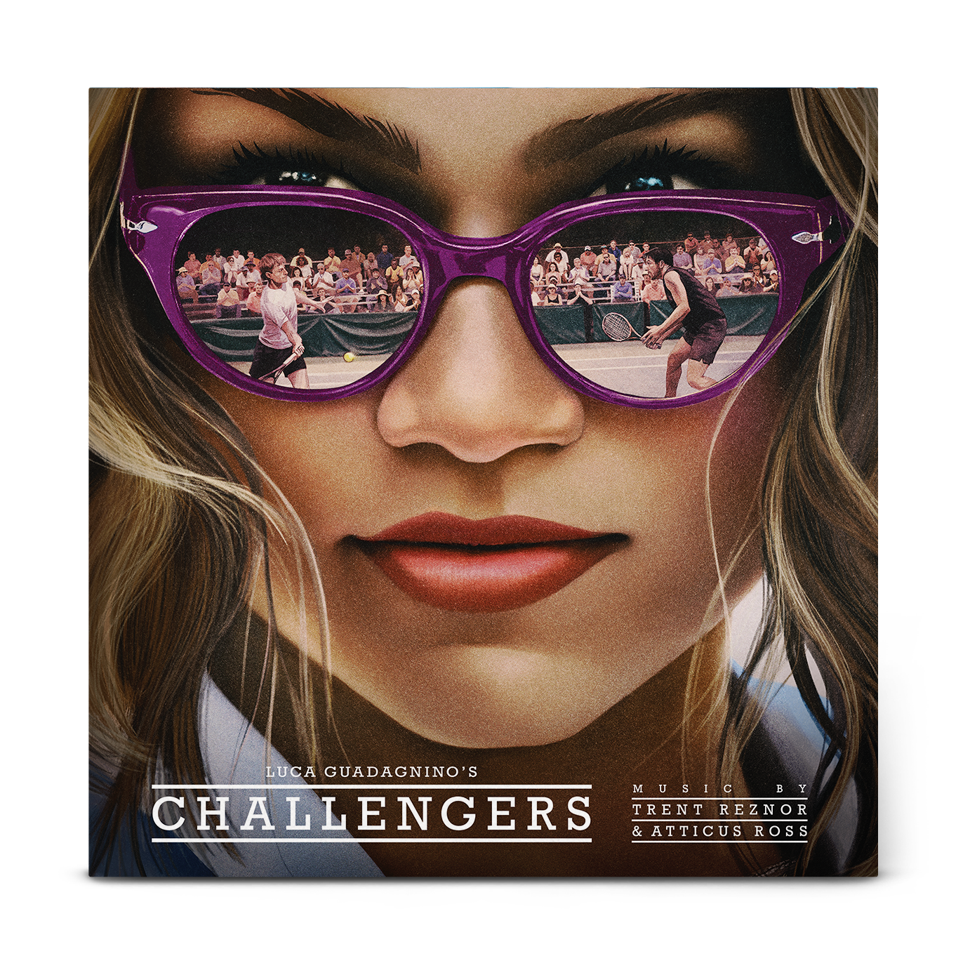 Close-up of a woman wearing purple glasses reflecting a tennis match and crowd.