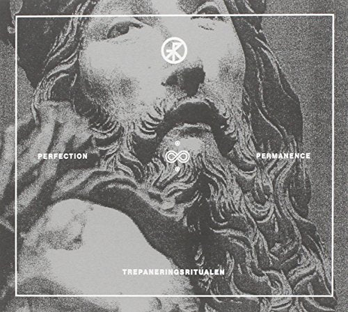 Black and white album cover featuring a sculpted face with symbols.