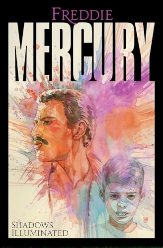 Watercolor portrait of Freddie Mercury and a young boy against a colorful abstract background.