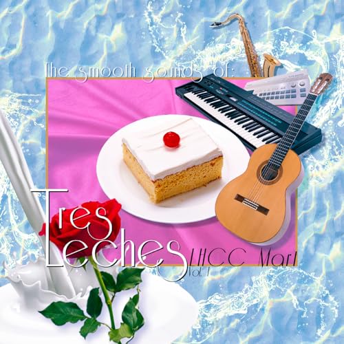 Vinyl album cover with cake, instruments, rose, and milk splashes.