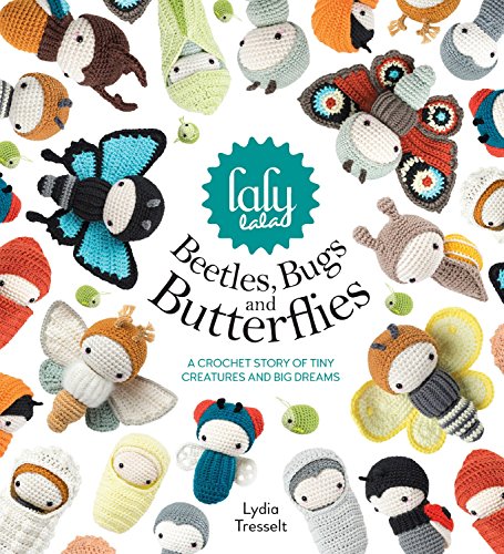 Book cover featuring various colorful crochet insects, butterflies, and larvae on a white background.