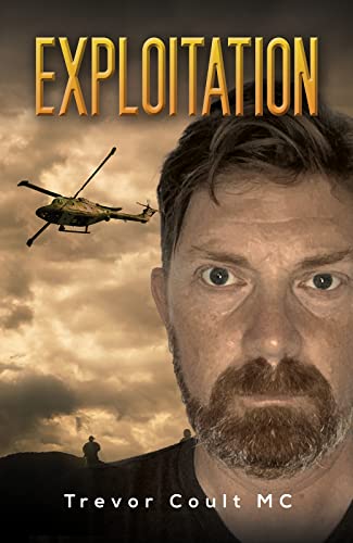 Book cover: "Exploitation" featuring a man’s face and a military helicopter.