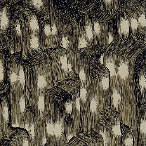 Abstract ink drawing of vertical, flowing lines creating a textured, layered pattern in tan.