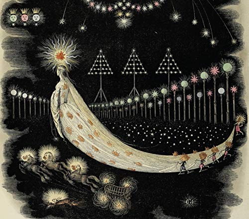 Dark illustration of a woman with stars, trees, and small figures.