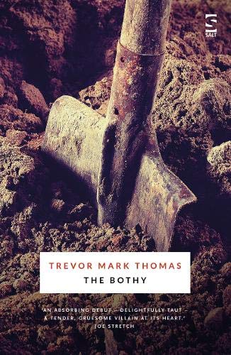 A rusty shovel blade stands upright in dark, textured soil on a book cover.