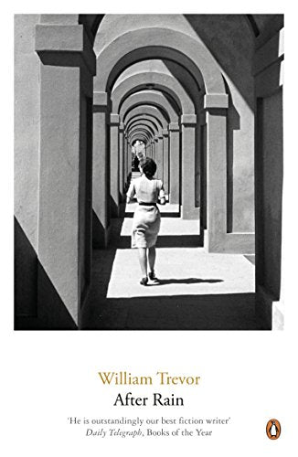 A woman walks through a long, arched stone corridor in this black-and-white book cover.