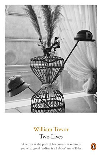 Book cover: vase with hats and plumes, title "Two Lives" by William Trevor.