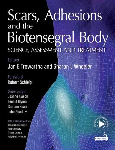 Book cover: "Scars, Adhesions and the Biotensegral Body" with anatomical imagery.