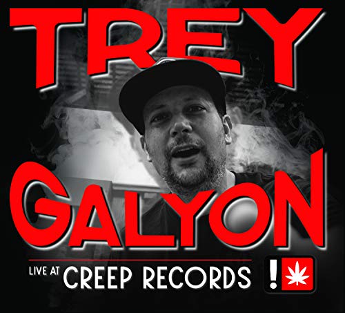 Black and white portrait of Trey Galyon with red text overlay.